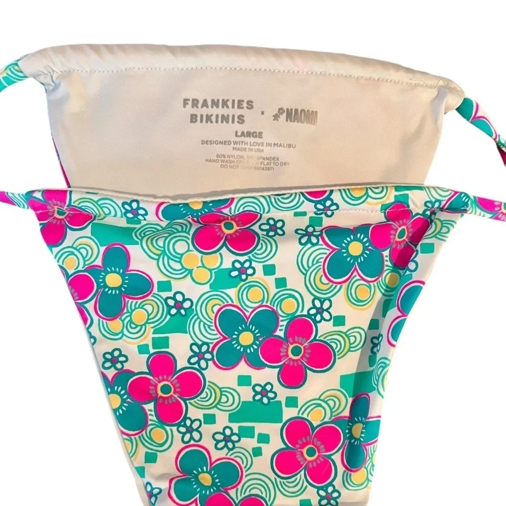FRANKIES BIKINIS Women's Tia String Bikini Bottoms AQUA MULTICOLOR L NWT